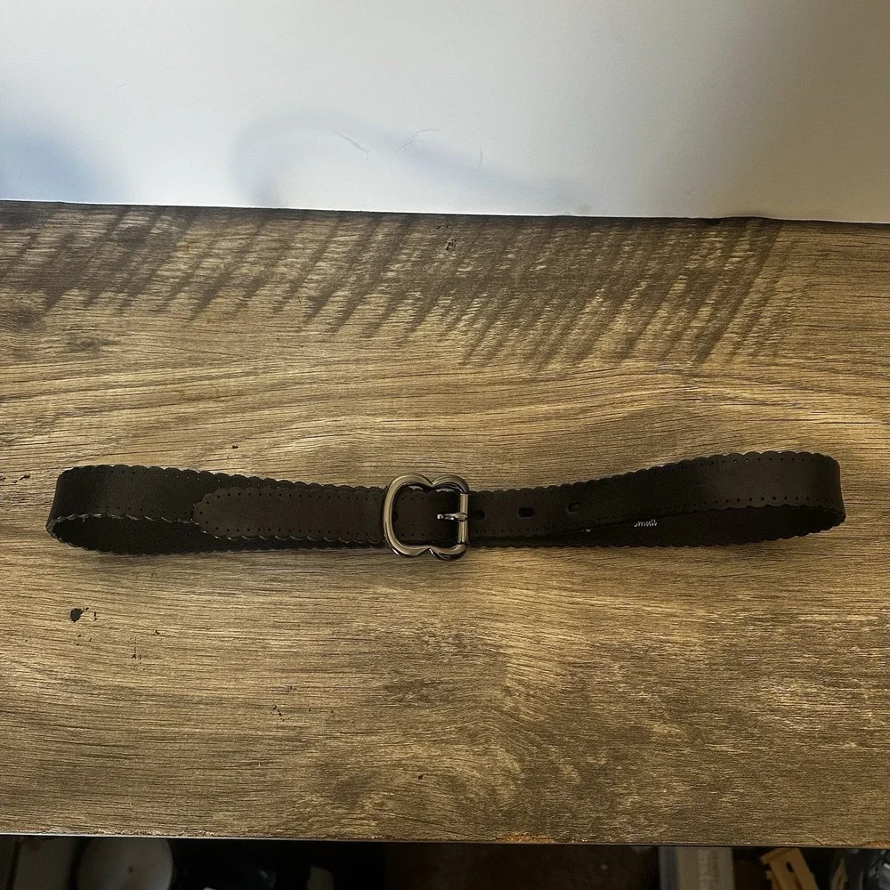 Fossil Women's Belt Black Scalloped Leather Detailed Feminine Boho Mid Width Sm